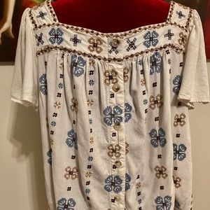 Embroidered Square Neck Flutter Short Sleeve Top